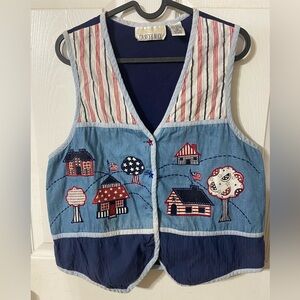 Vintage Medium Vest 90s Grannycore Farmcore Teacher Embroidered House Novelty
